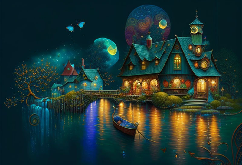 Enchanting nighttime landscape with glowing cottage, river, trees, boat, two moons, and butterflies