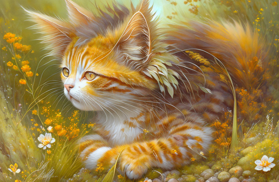 Orange-striped cat in golden flower field with white markings