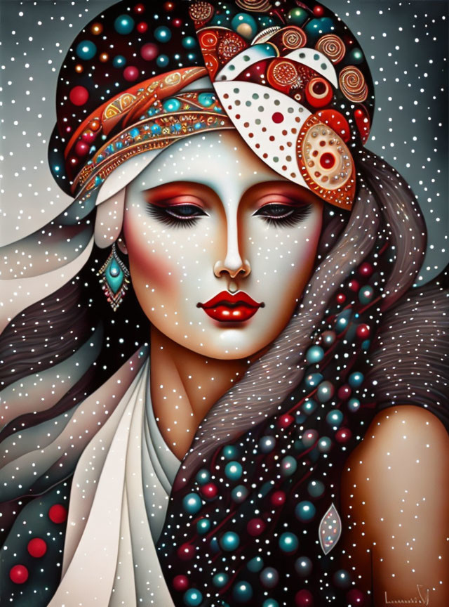 Detailed Painting of Woman in Decorated Headscarf Against Starry Background