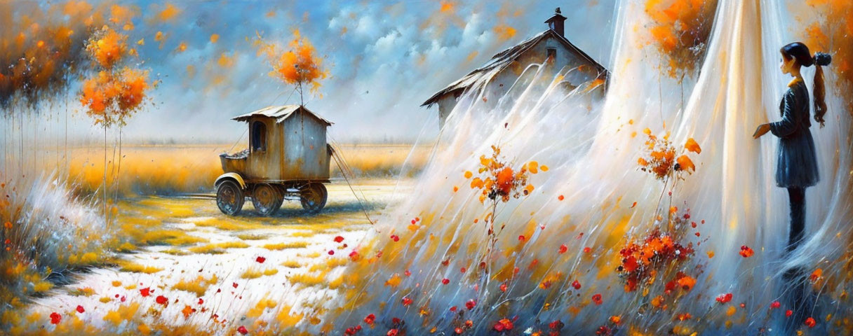 Whimsical landscape painting with girl, cart, house, and orange flowers