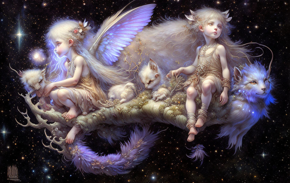 Ethereal winged children and blue-eyed cats in fantasy setting