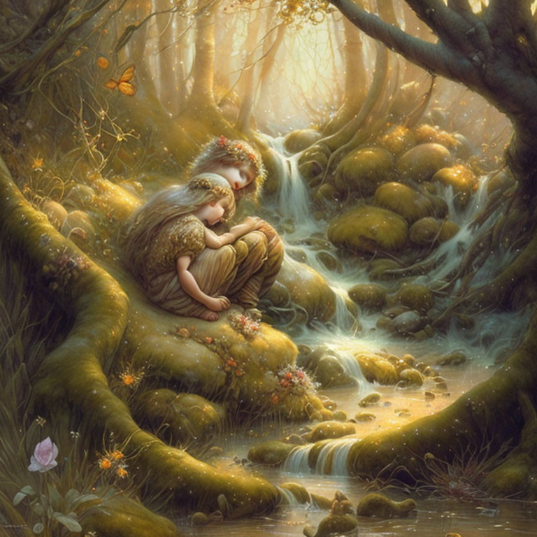 Ethereal figures in woodland scene with butterflies and moss-covered trees