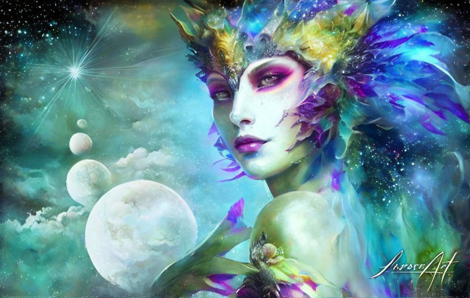 Colorful digital painting of mystical female with feathered headdress in celestial setting