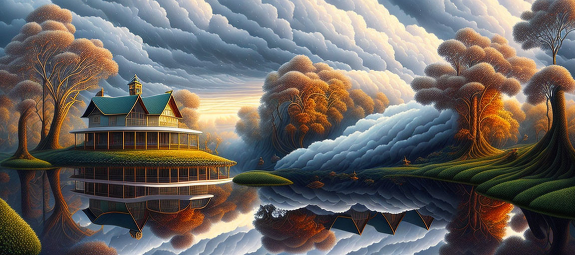 Surreal landscape featuring house on island, trees, clouds, reflections