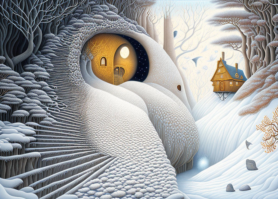 Surreal winter landscape with rabbit-like creature and snowy scenery