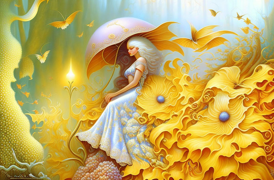 Fantastical illustration of woman in golden dress with parasol in luminous forest