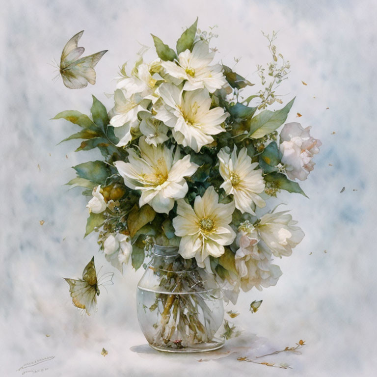 White Flowers and Butterflies in Glass Vase on Pale Background