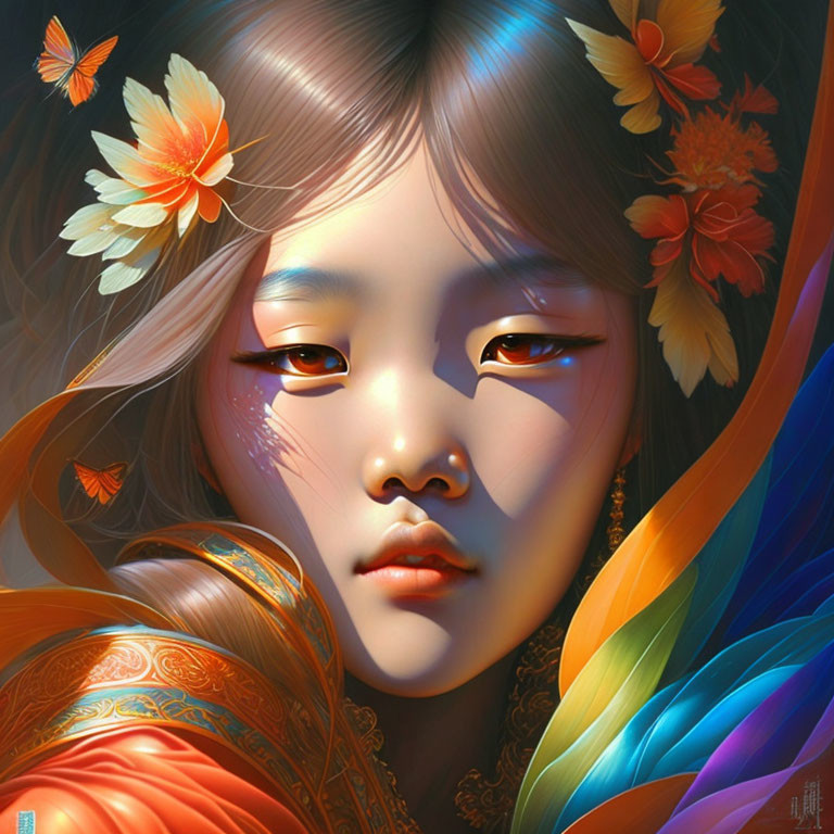 Digital portrait of girl with flowers and butterflies on rainbow backdrop