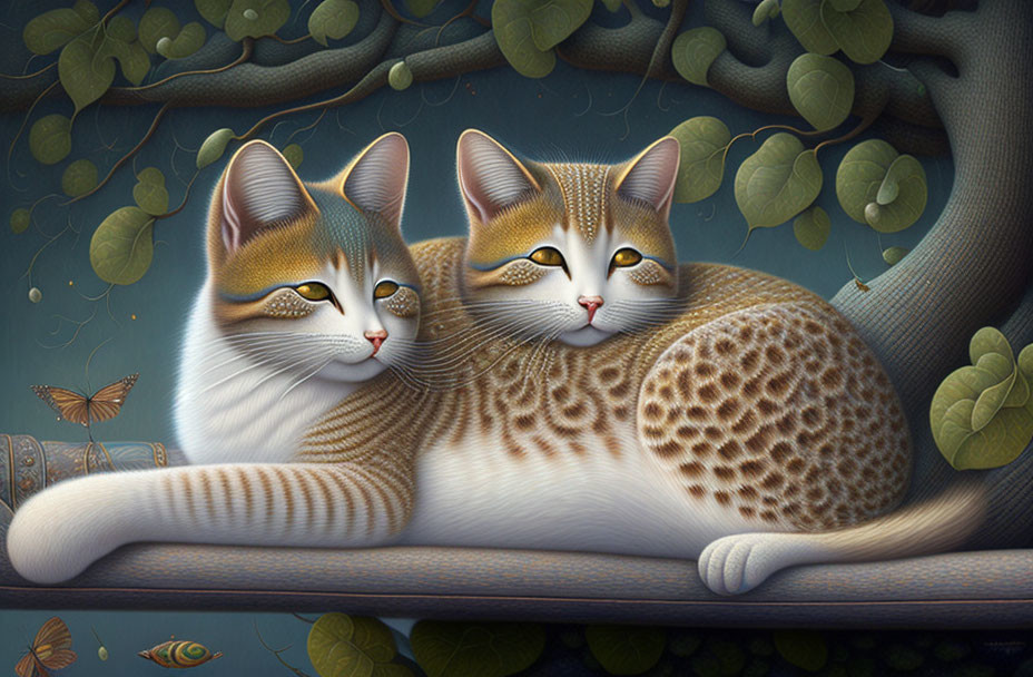 Illustrated Cats Relaxing on Tree Branch with Intricate Patterns