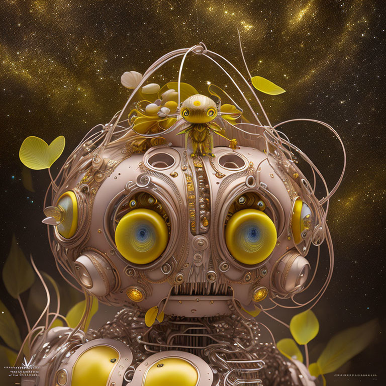 Intricately designed robotic head with floral elements and vines against starry backdrop