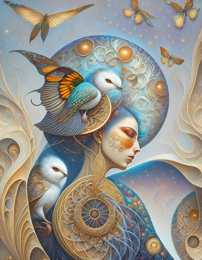 Surreal portrait featuring woman's face, birds, butterflies, and celestial motifs