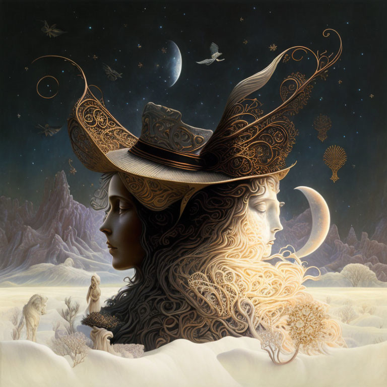 Surreal woman with celestial hat in desert landscape