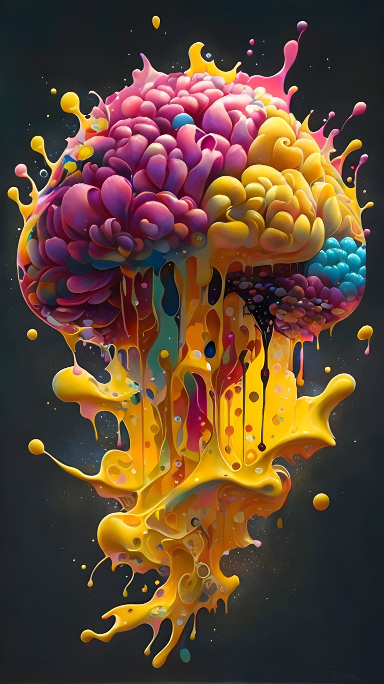 Colorful Stylized Brain Painting with Floral Elements on Dark Background