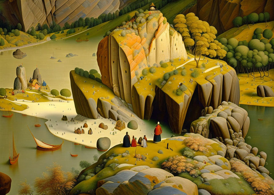 Surreal landscape painting with oversized rock formations and tiny figures