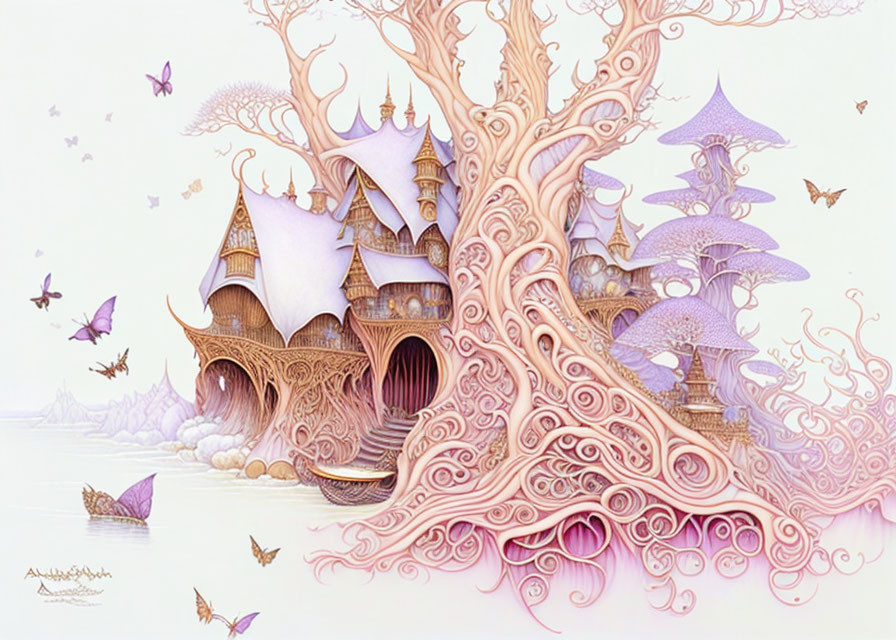 Fantasy tree illustration with purple-roofed houses and butterflies