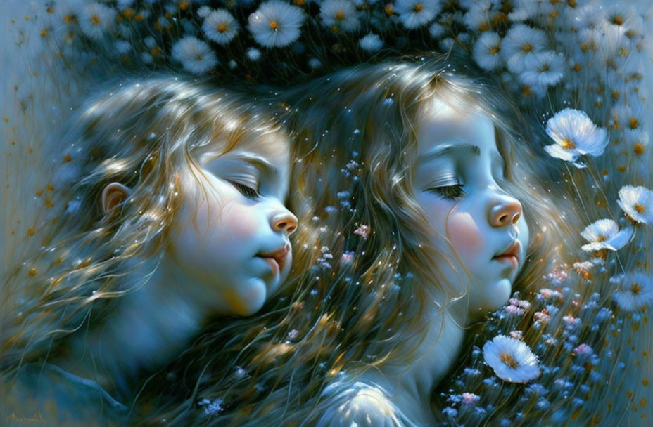 Tranquil digital painting of serene girls in daisy sea