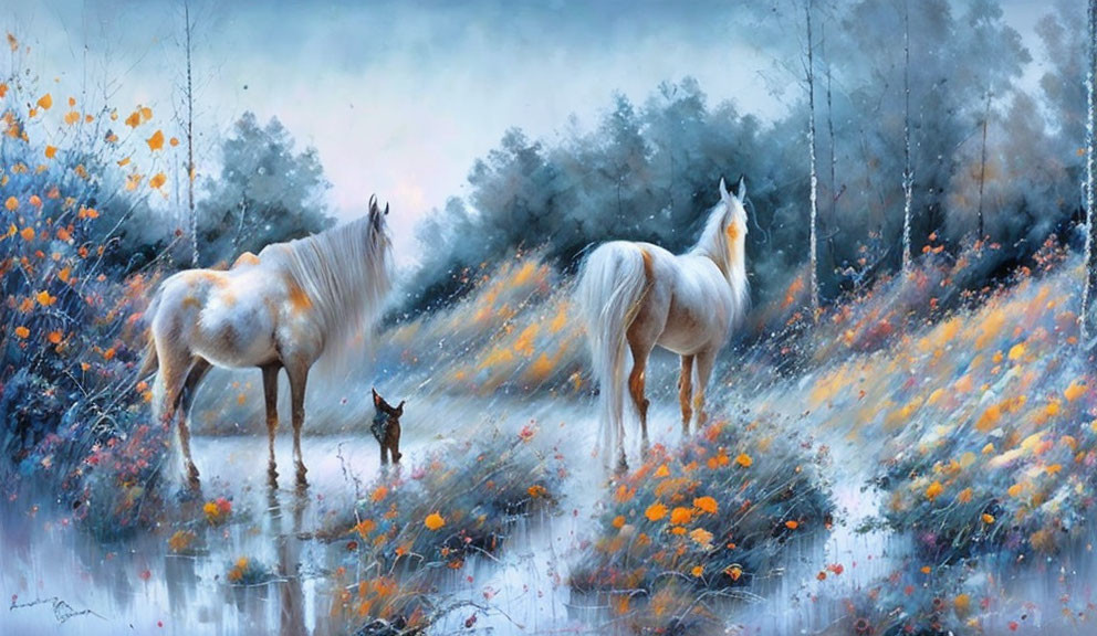 White Horses and Dog in Colorful Meadow with Woods in Background