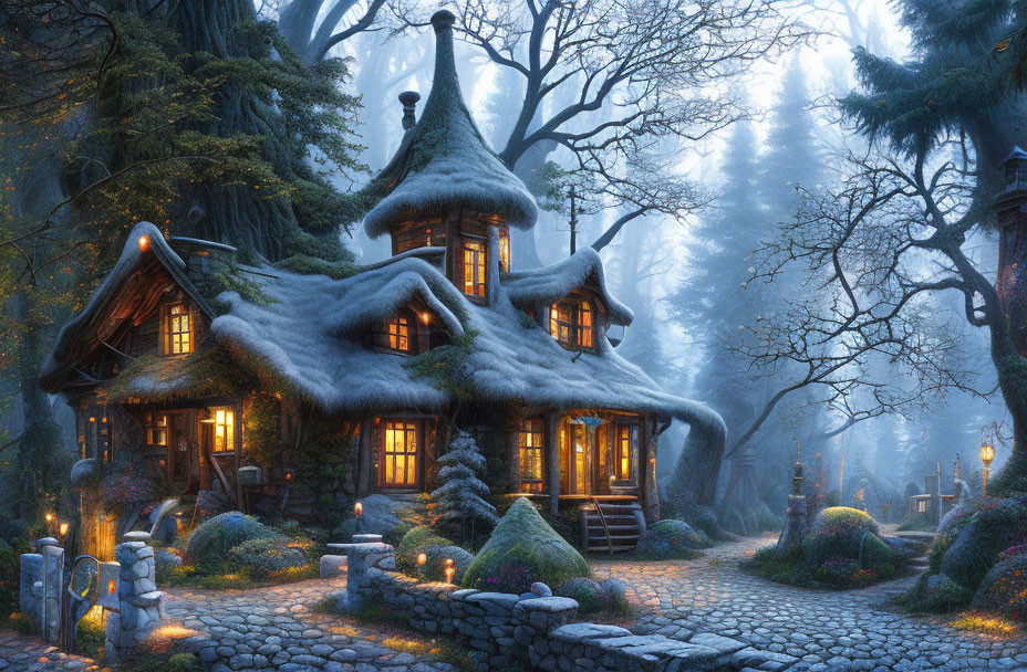 Snow-covered cottage in twilight forest with glowing windows