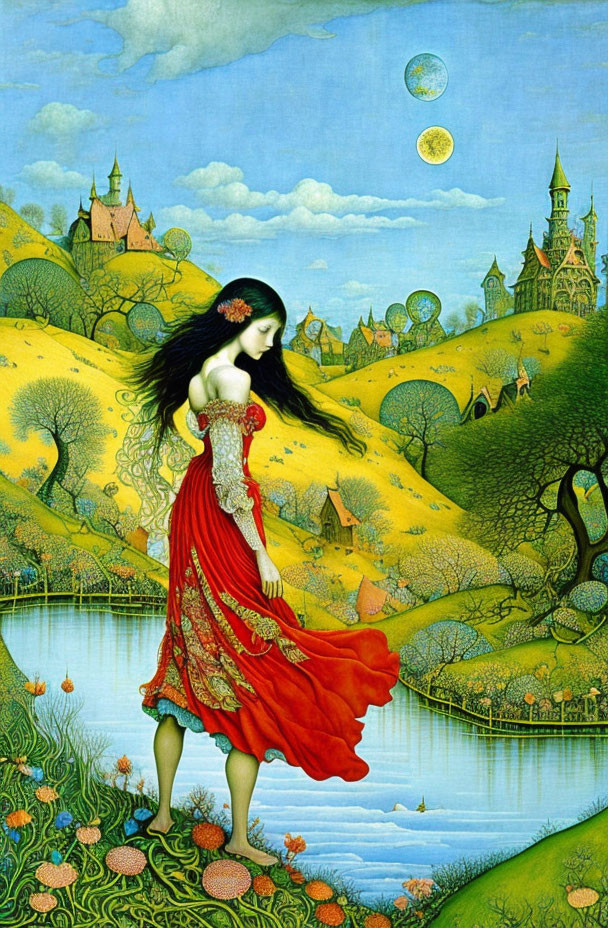 Woman in Red Dress by Serene Lake in Whimsical Landscape