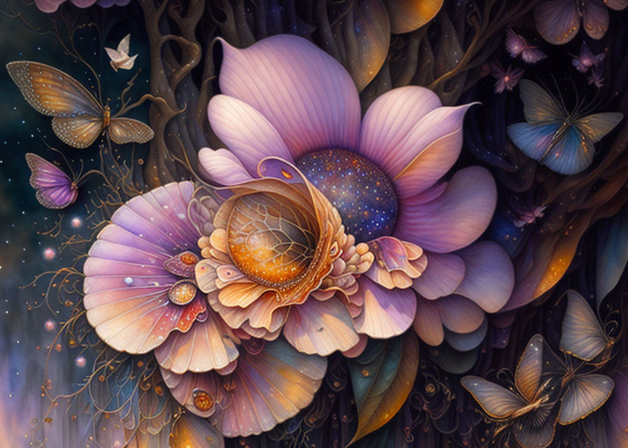 Fantasy illustration of vibrant flowers, cosmic elements, butterflies, and starry background