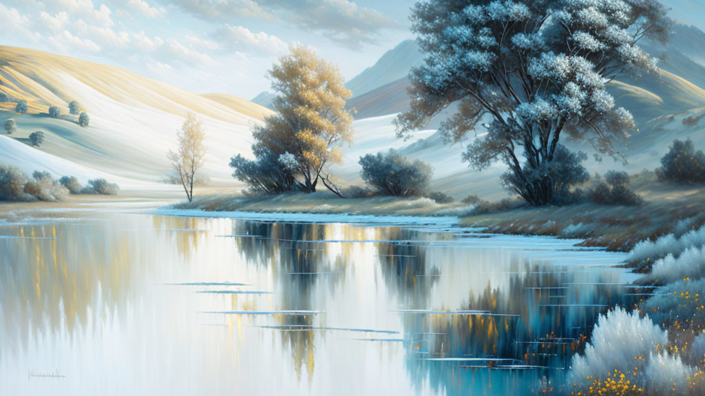 Tranquil lake landscape with rolling hills and trees