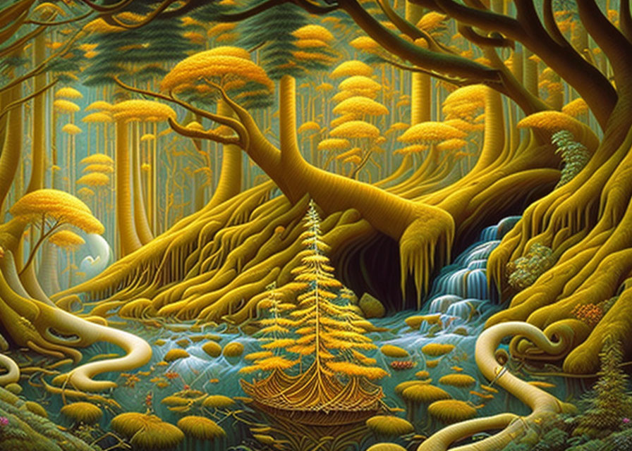 Fantastical forest with golden trees, pagoda, and waterfalls