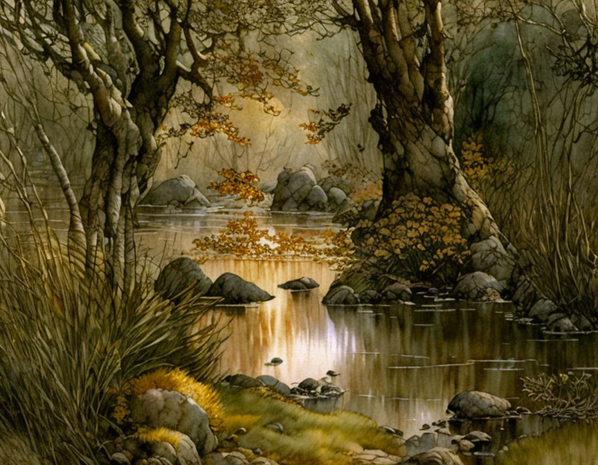 Tranquil forest pond with bare trees and autumn leaves