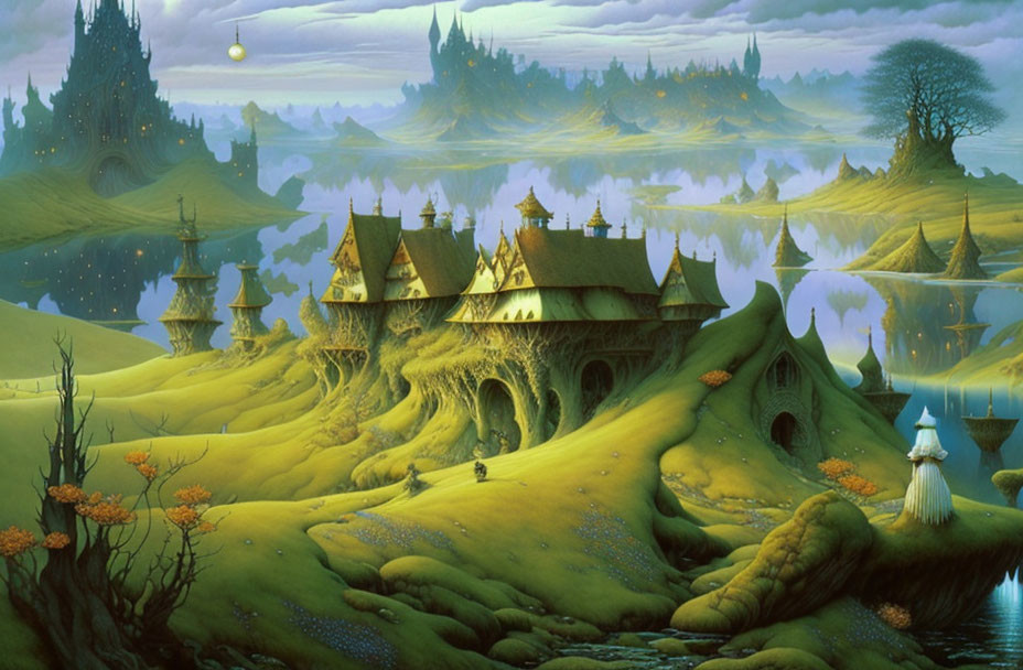 Fantasy landscape with whimsical castles and cloaked figure in misty environment