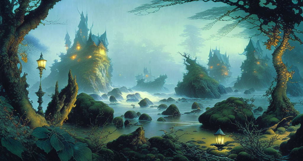 Fantasy landscape at dusk: lanterns, misty forest, mossy rocks, ethereal cast