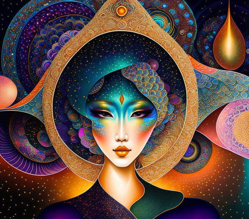 Colorful digital artwork of a cosmic-themed stylized woman with psychedelic patterns.