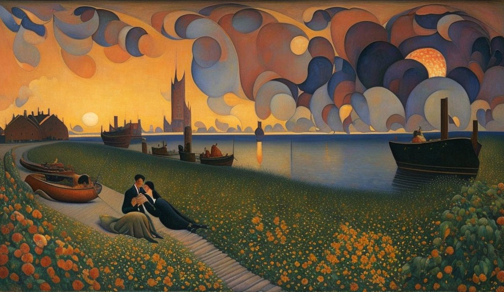 Surreal landscape painting with couple, riverbank, boats, clouds, and cityscape