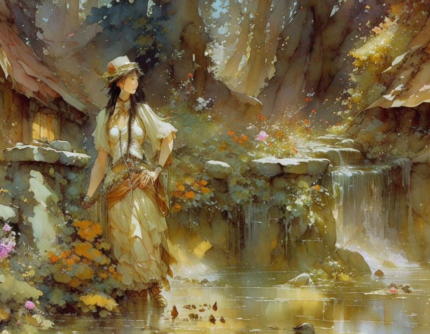 Woman in flowing dress by serene waterfall in lush nature.