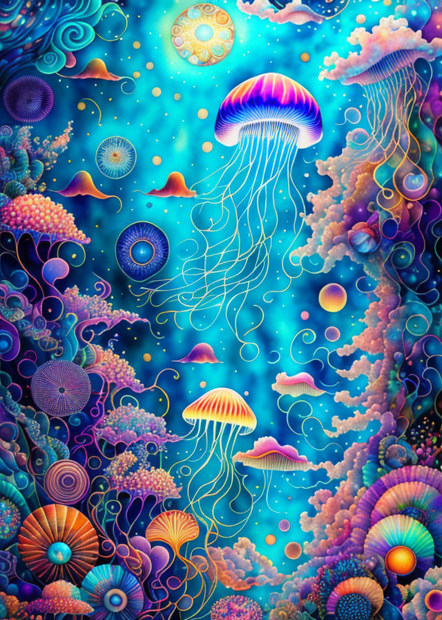 Colorful underwater scene with jellyfish, coral, and bubbles on blue gradient.