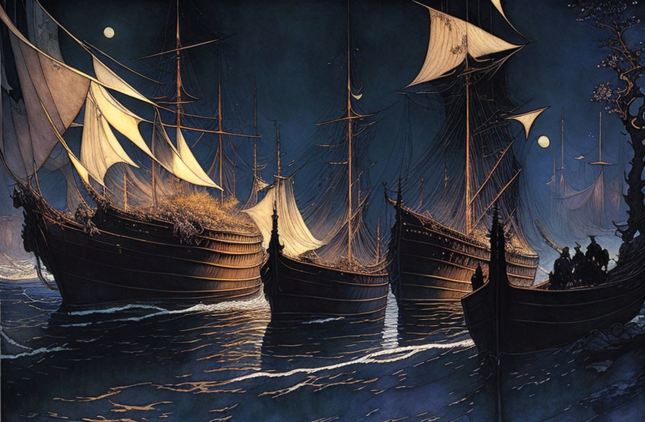 Moonlit night: Three ancient sailing ships on turbulent seas