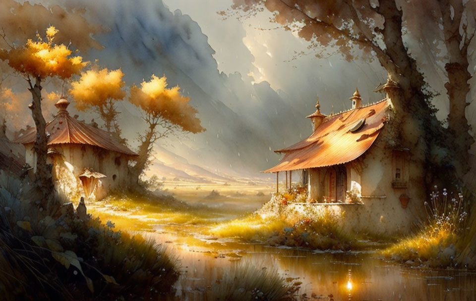 Tranquil fantasy landscape with sunlight on traditional village