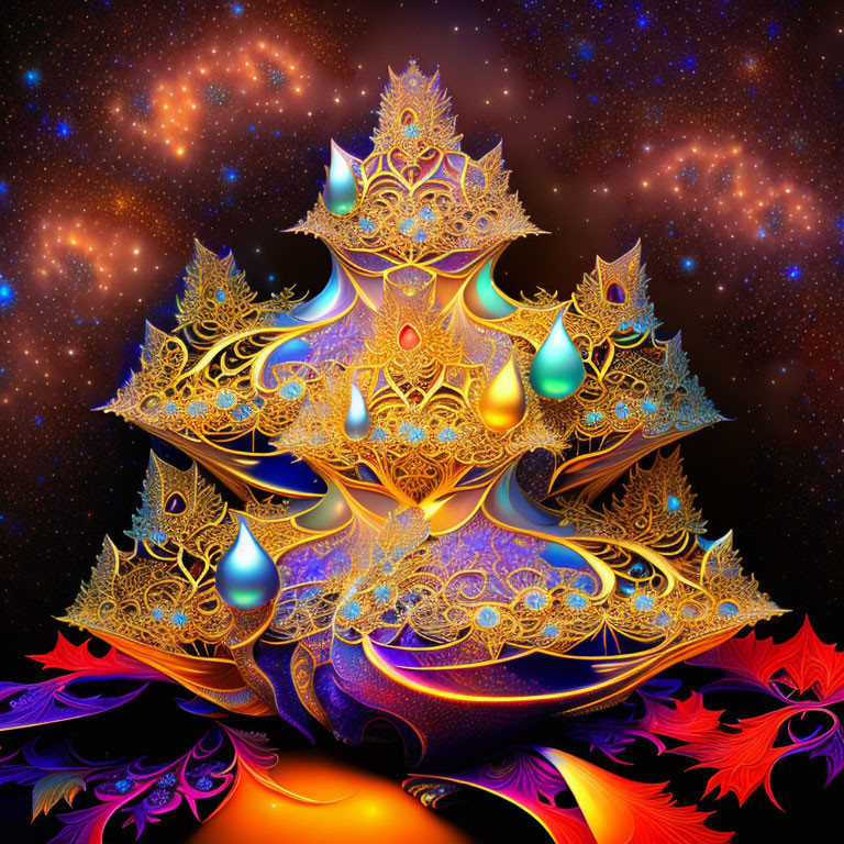 Fractal tree digital artwork with golden branches on cosmic background