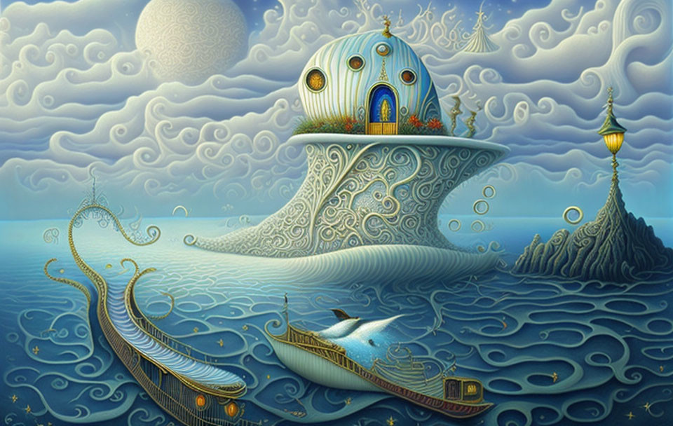 Whimsical surreal artwork of house on shoe boat in wavy sea