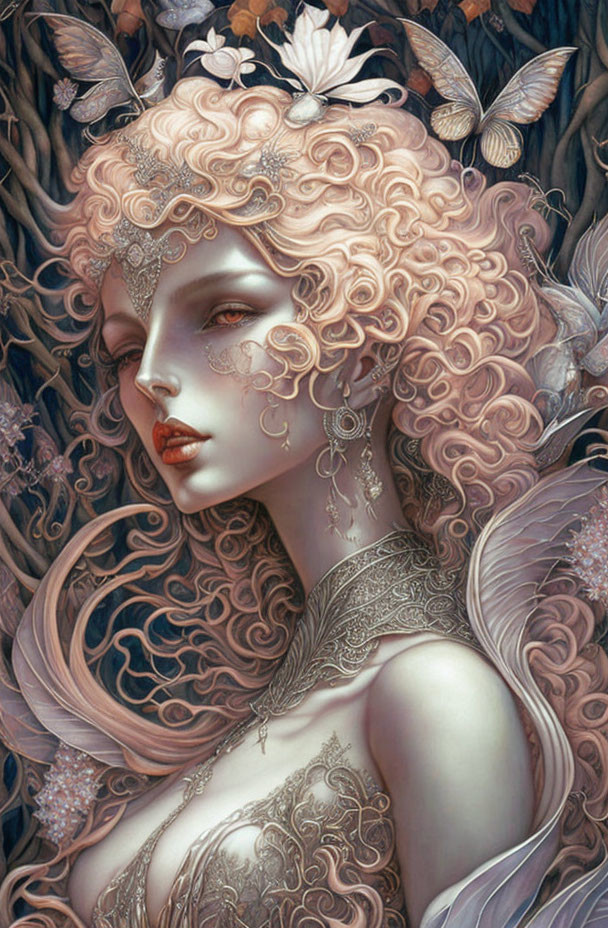 Ethereal fairytale woman with golden curls, butterflies, and foliage