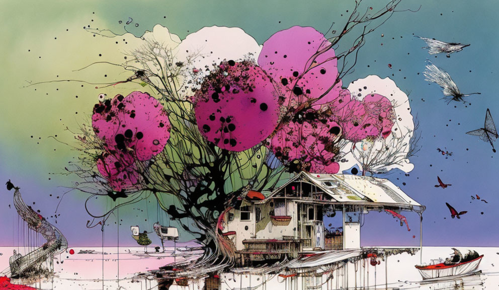 Surreal artwork: floating house, vibrant pink blossoms, birds, boats