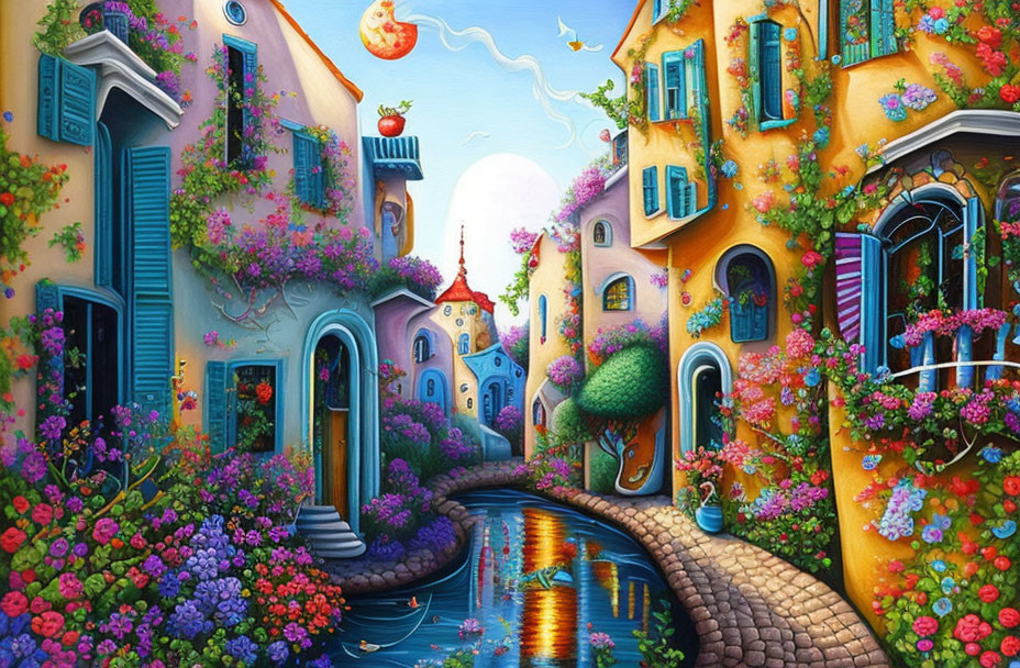 Colorful Alley Painting with Blooming Flowers, Whimsical Buildings, Canal, and Sun