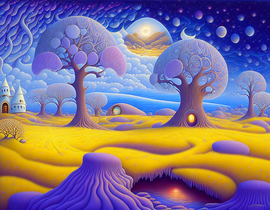 Surreal landscape with vibrant blue and purple hues, stylized trees, undulating hills, and