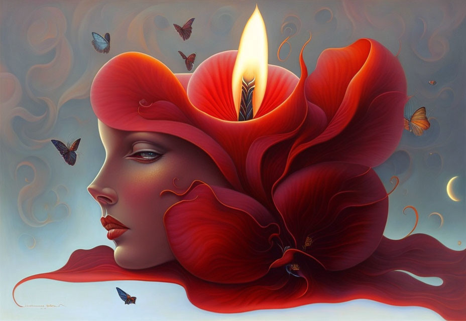 Surreal portrait of woman with red hair, candle, butterflies in warm tones