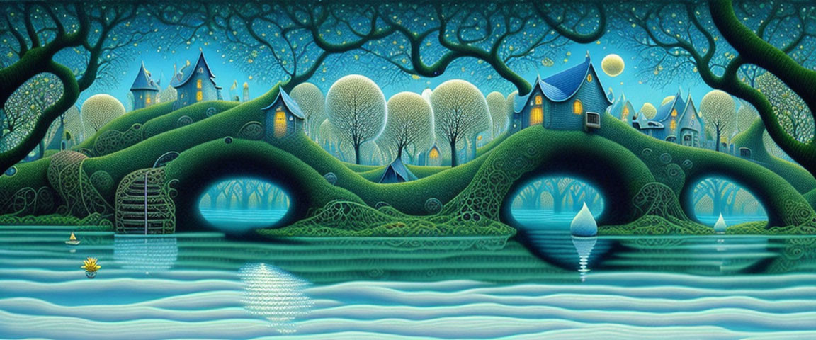 Stylized landscape painting: rolling hills, blue water, round trees, quaint houses, bridges under