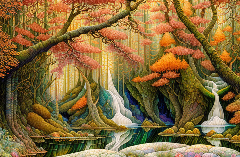 Colorful, intricate forest with hidden lake