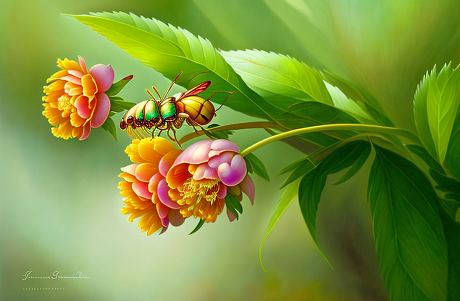 Colorful digital artwork featuring a metallic green beetle on vibrant flowers