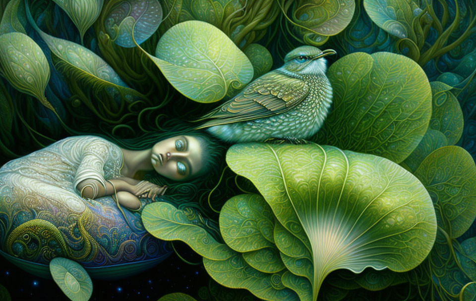 Woman resting among oversized leaves with intricate patterns next to a vibrant bird in lush, fantastical scene