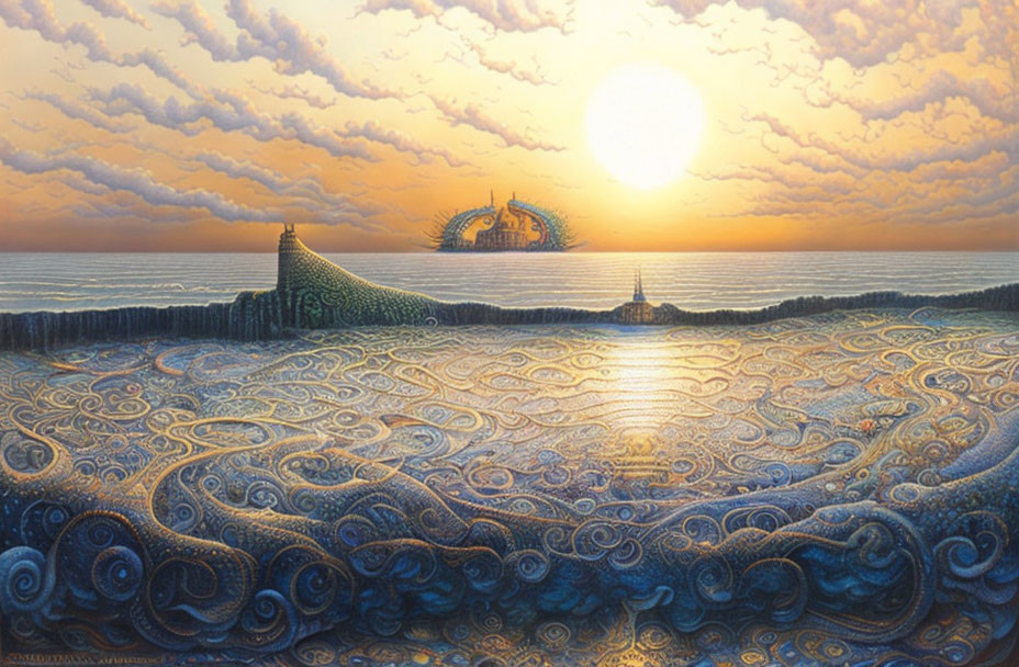 Surreal ocean scene with swirling patterns and setting sun.