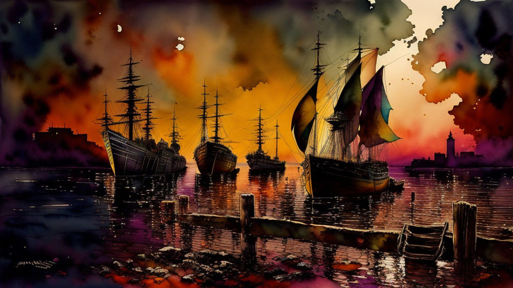 Colorful watercolor painting of sailing ships in harbor with dramatic sky & city skyline.