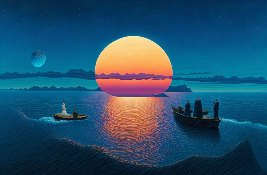 Surreal artwork: large sun setting over calm sea with boats, moon, and starry sky