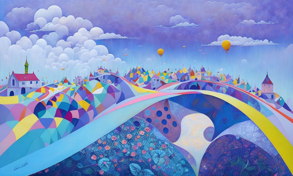 Colorful landscape with patterned hills, whimsical buildings, and hot air balloons